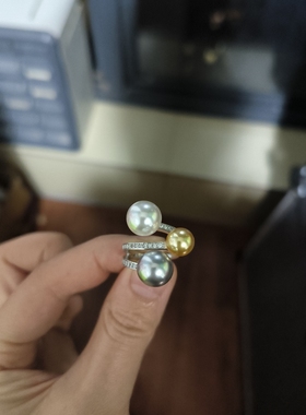 ISLA孤岛三珠戒指澳白光南洋金珠色真多麻色s925银开口戒可调节