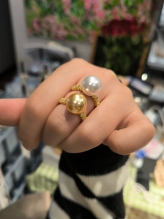 ISLA孤岛茶金色澳白光12mm施家珍珠戒指开口戒轻奢ins风蕾丝钻戒