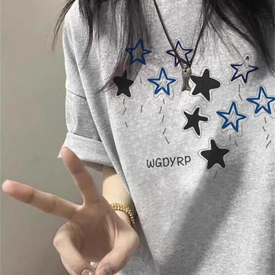 纯棉美式高街星星短袖t恤女夏季2025新款正肩设计感宽松半袖上衣