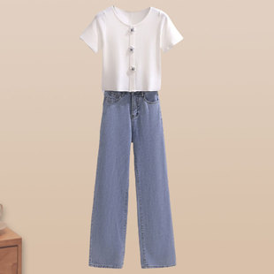 休闲套装女学院风甜美短袖时尚上衣女小个子百搭直筒牛仔阔腿裤