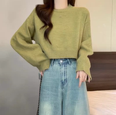 圆领加厚百搭套头长袖 上衣 宽松外穿毛衣小个子短款 针织衫 女早秋季