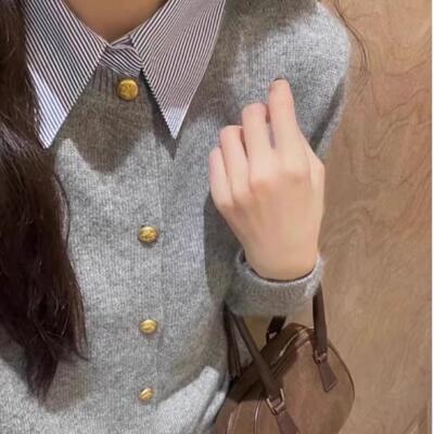 灰色衬衫领拼接假两件毛衣女春秋