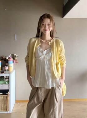 法式黄色针织开衫外套女春秋2026新款温柔风薄款毛衣外搭长袖上衣