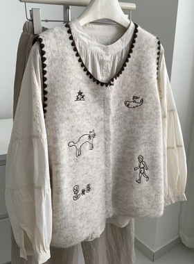 韩系卡通刺绣无袖针织马甲背心女秋冬时尚减龄显瘦叠穿马夹上衣潮