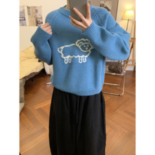 复古软糯显白小羊提花毛衣女韩版秋冬新款宽松百搭显瘦针织衫套头