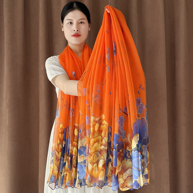 鳄鱼皱丝巾女夏季防晒沙滩巾秋冬保暖印花围巾妈妈款超大长款披肩