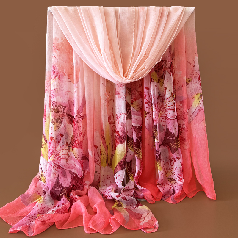 新款纱巾女士时尚洋气围巾桃粉色百合花丝巾长款百搭防晒沙滩披肩