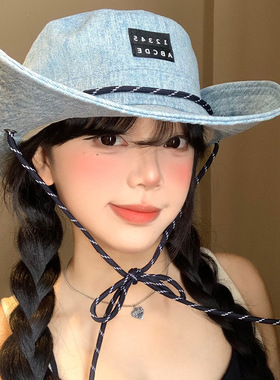 牛仔贴布渔夫帽子女春夏时尚休闲遮阳帽男户外登山露营大檐防晒帽