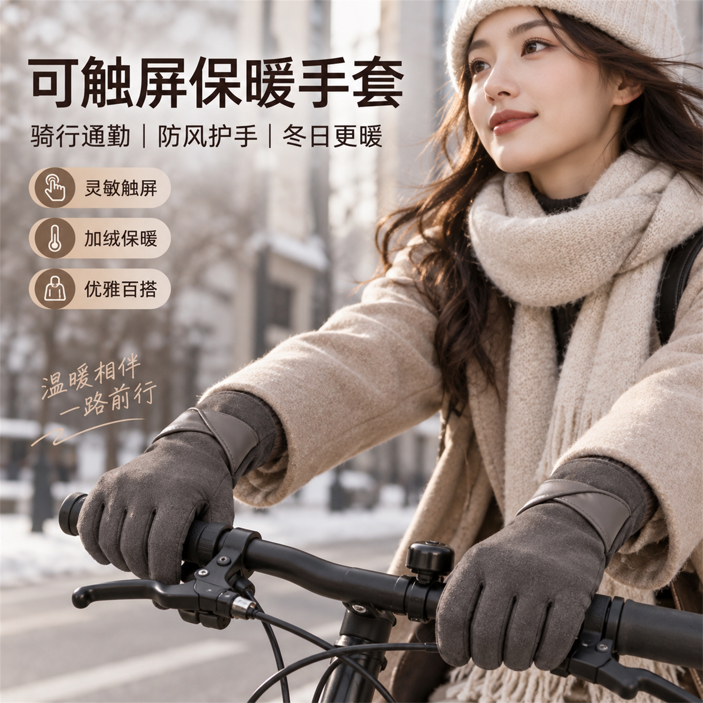 新款保暖手套女士户外骑行开车秋冬季加绒防风触屏韩版麂皮绒手套