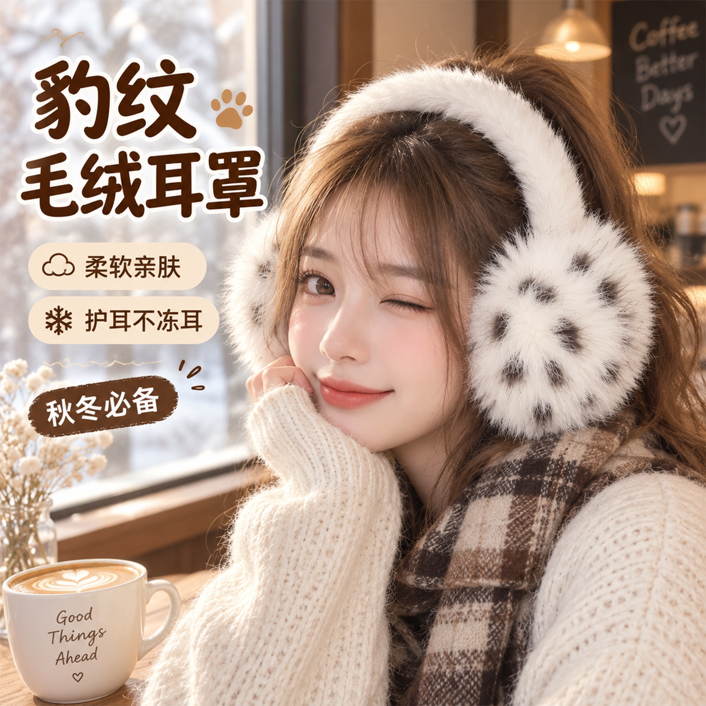 豹纹毛绒耳罩女冬季毛茸茸耳包耳套骑车防冻防寒保暖耳暖耳捂子