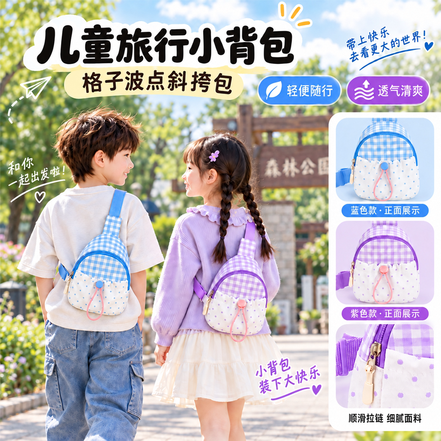 男女童格子波点洋气斜挎胸包