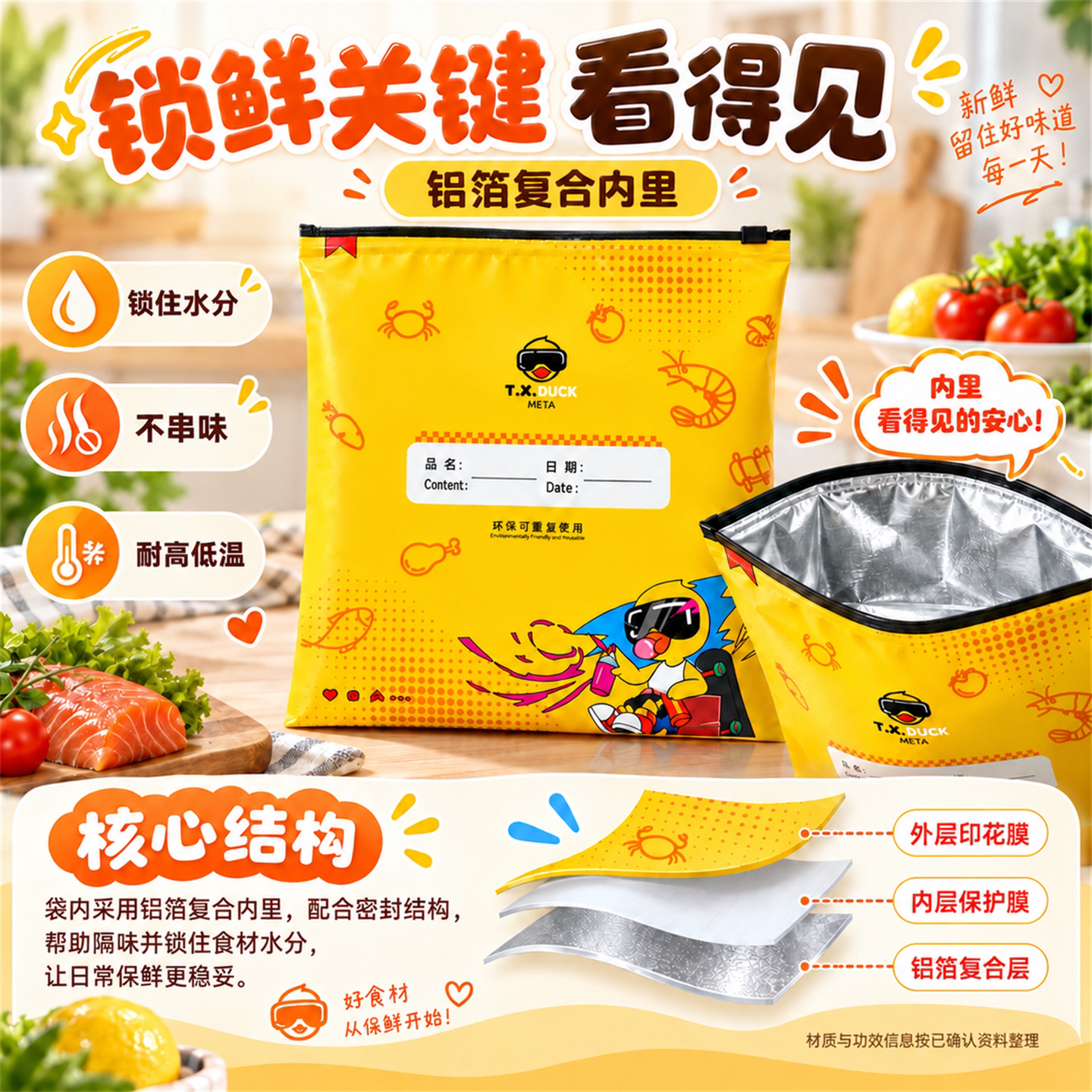【到手60个】小黄鸭铝箔保鲜袋家用厨房冰箱冷冻生鲜食品分类收纳