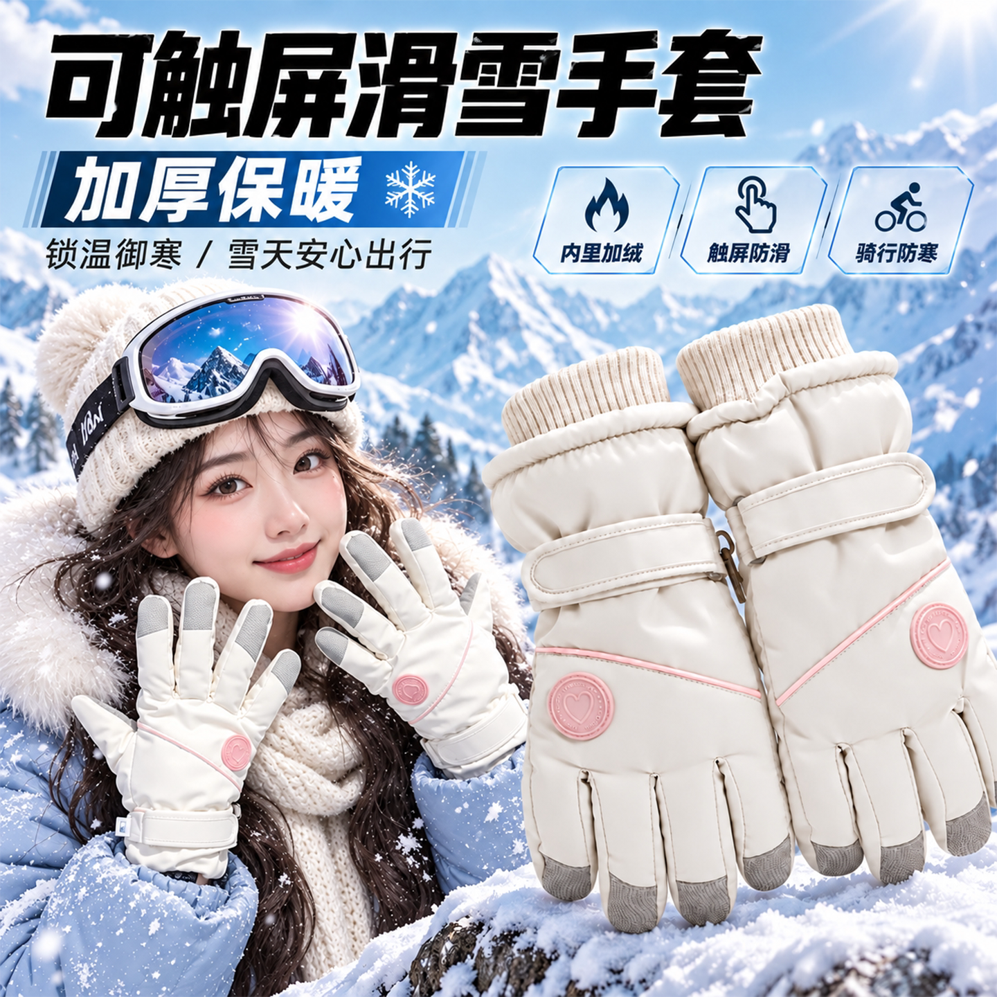 滑雪手套女冬加厚保暖加绒东北电动车防寒防风可触屏防水骑行手套