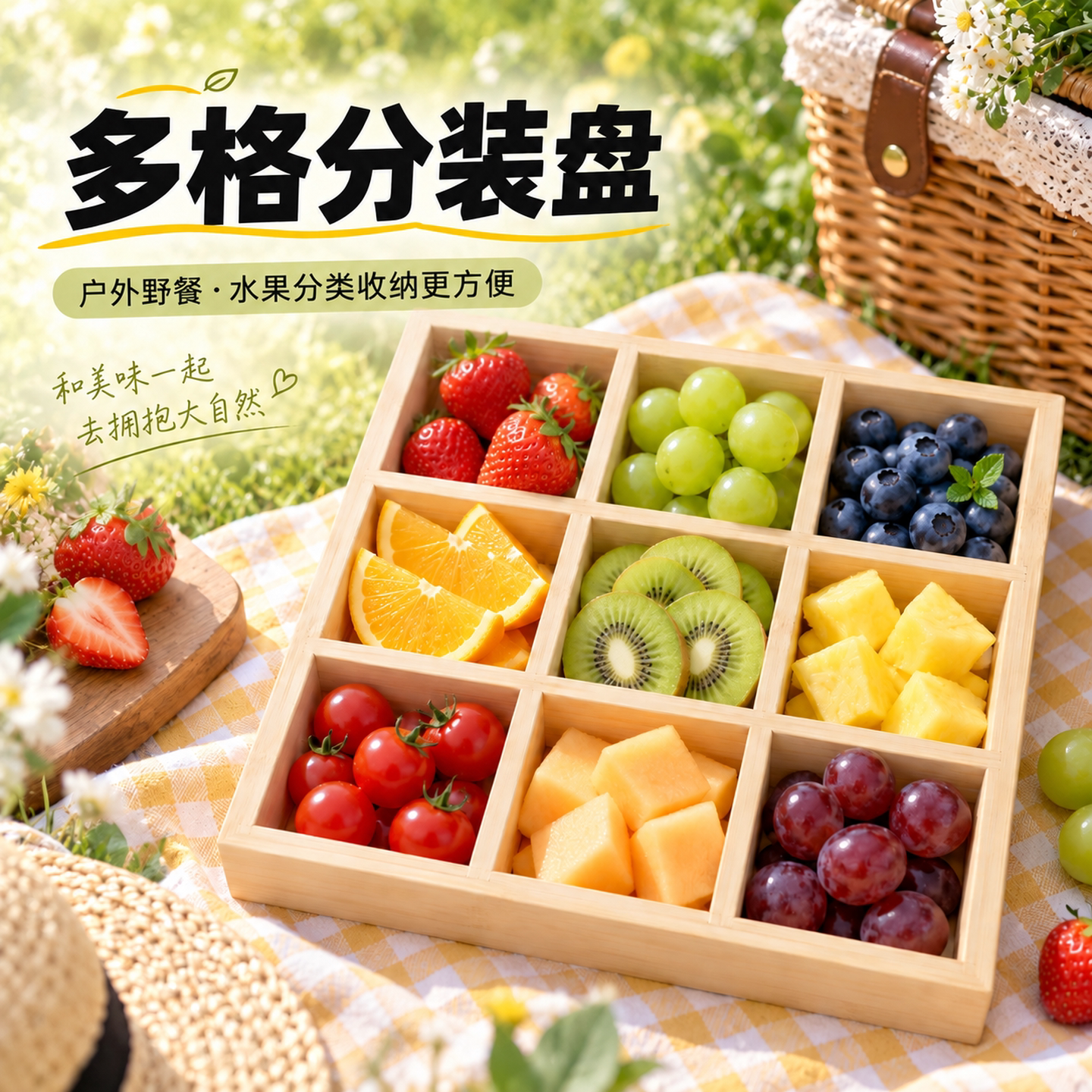 九宫格托盘餐具火锅配菜盘拼盘竹木盘围炉煮茶点心盒干果盘木质盘