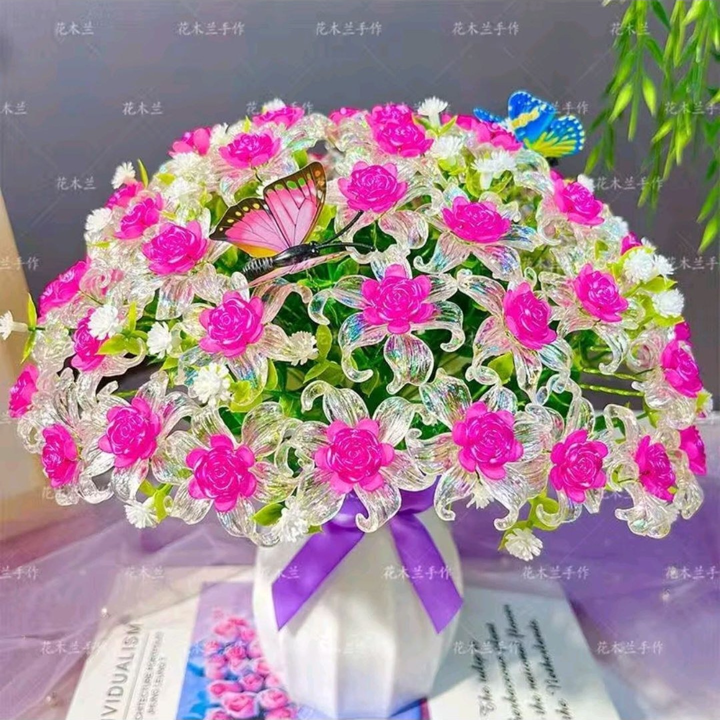 白色玫红不含花瓶卷心玫瑰客厅摆放花手工DIY手工编织花束材料包