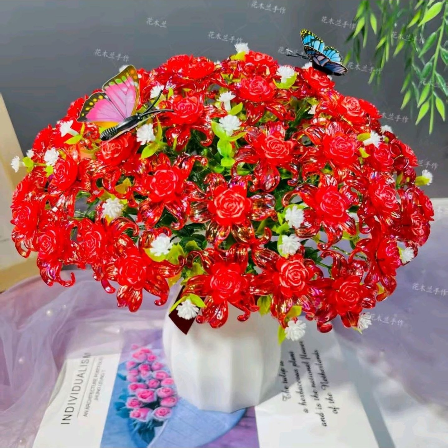 大红送荷叶防摔花瓶卷心玫瑰客厅摆放花手工DIY手工编织花束材料