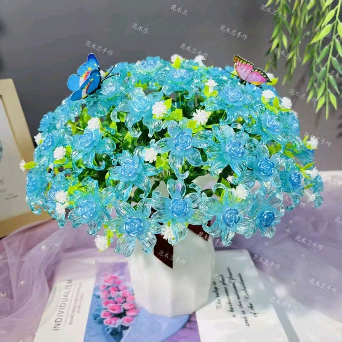 湖蓝不含花瓶卷心玫瑰客厅摆放花手工DIY手工编织花束材料包