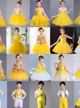 元旦稻田里的中国梦服装稻穗儿童表演出道具黄色公主蓬蓬裙朗诵读