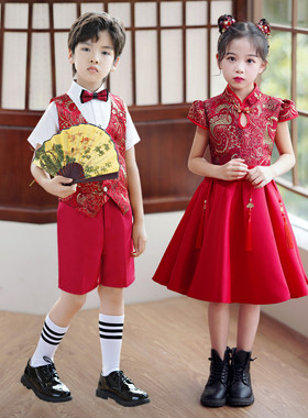 六一儿童中国风合唱舞蹈服中小学生表演服男女童红色朗诵演出服装