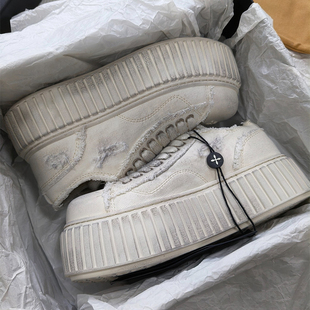 饼干休闲 女平底做旧十字花黑色脏脏女鞋 厚底鞋 增高5厘米小脏鞋