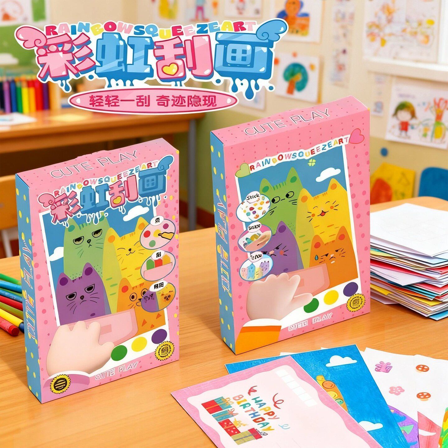 彩虹点彩刮刮画diy儿童趣味书签手工画刮画纸明信片玩具