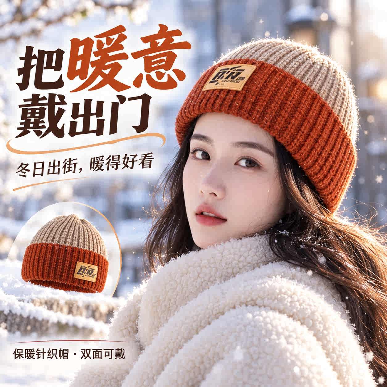 冬天日系针织帽子女秋冬双面戴包头月子帽护耳保暖韩版毛线堆堆帽