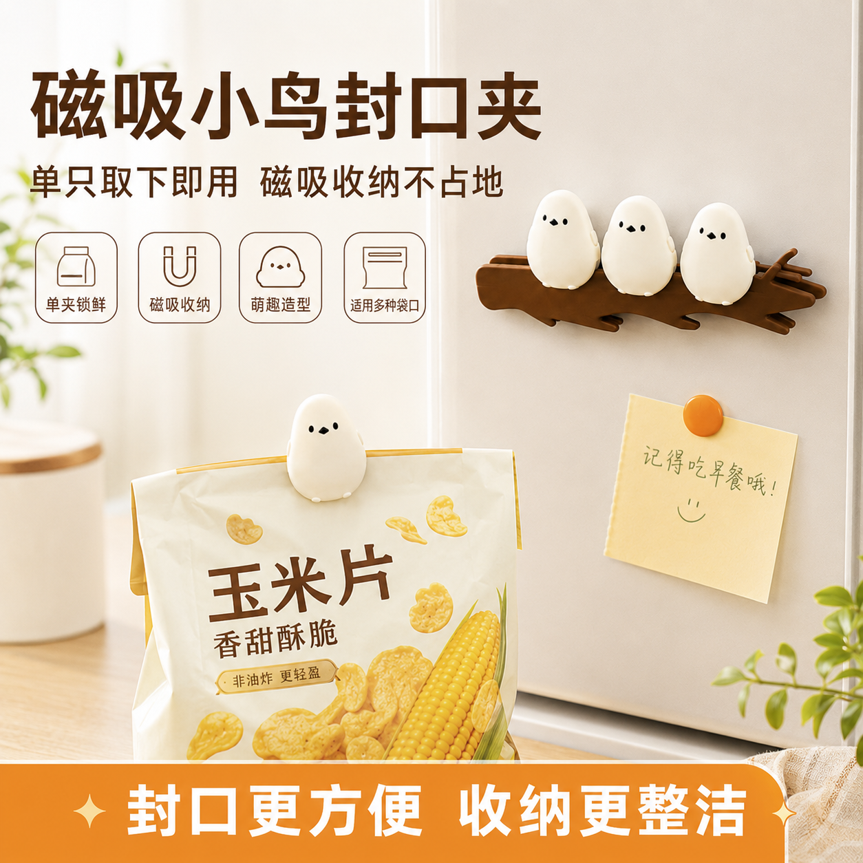 小鸟磁吸密封夹可爱肥啾封口夹易收纳保鲜食品薯片塑料袋便签夹子