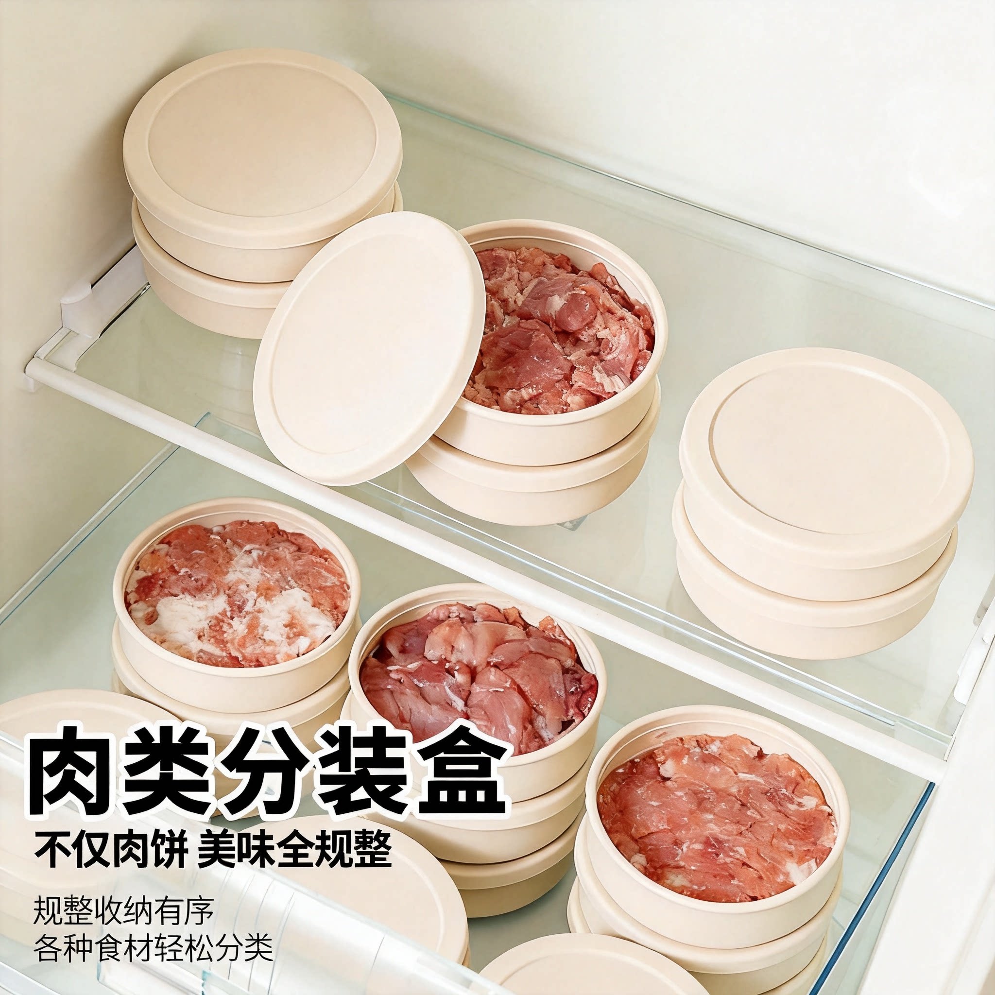 牛肉饼分装盒圆形软硅胶模具冰箱收纳肉类带盖密封冷冻保鲜图片