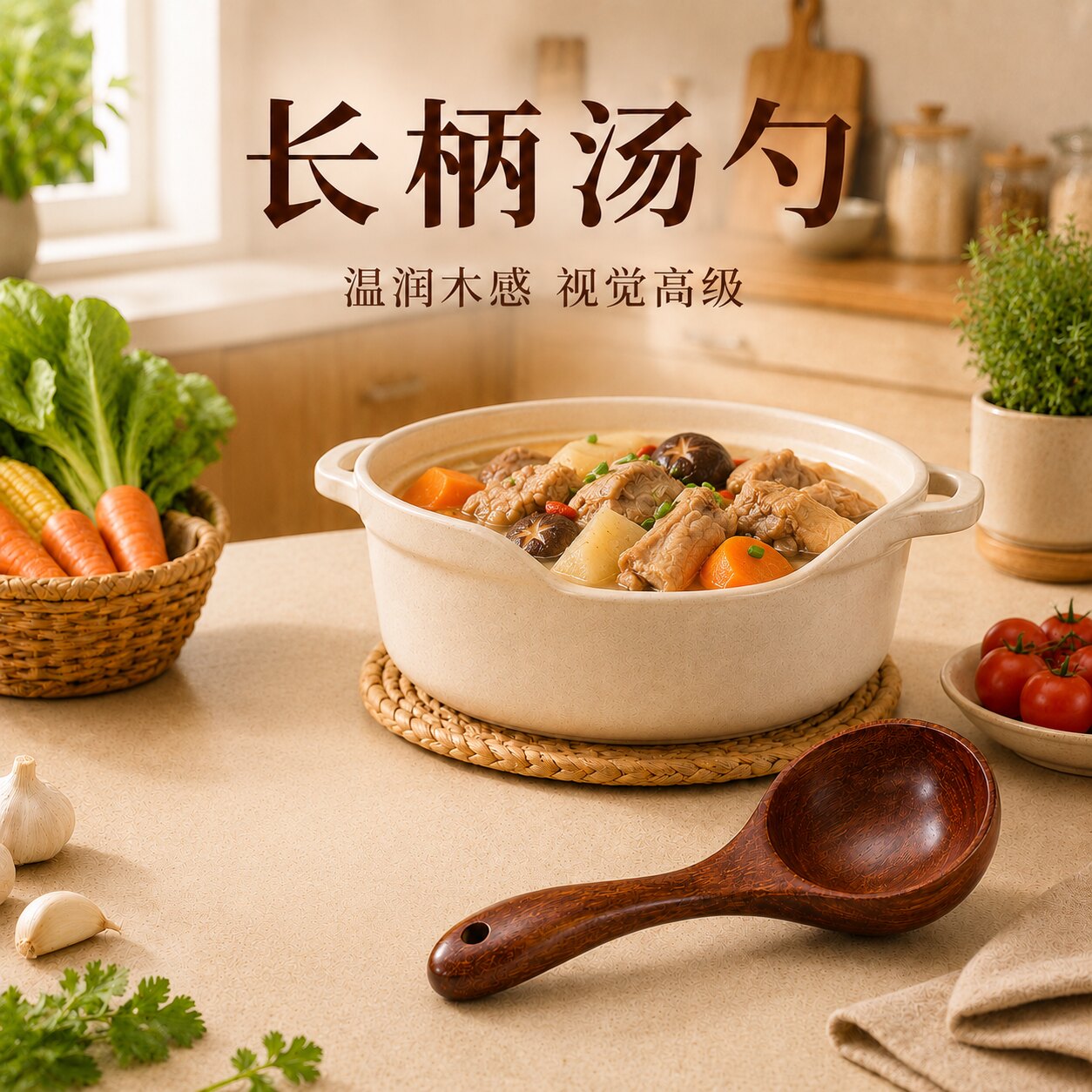 日式木质长柄大汤勺嗦粉喝汤吃面
