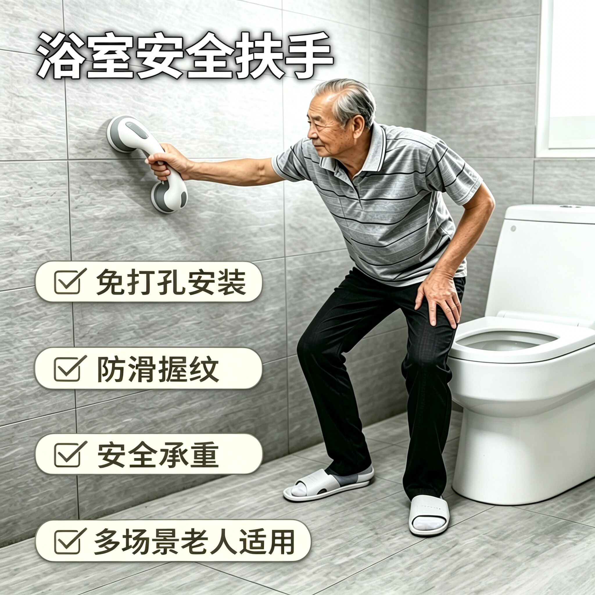 浴室扶手栏杆老人免打孔卫生间残疾人真空吸盘抗摔拉手杆图片