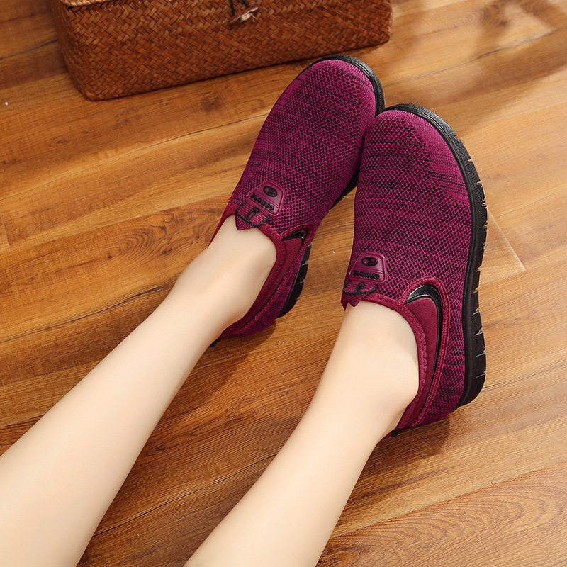 春秋新款欣清飞织透气北京布单鞋女松紧口妈妈老奶奶加肥宽胖脚穿