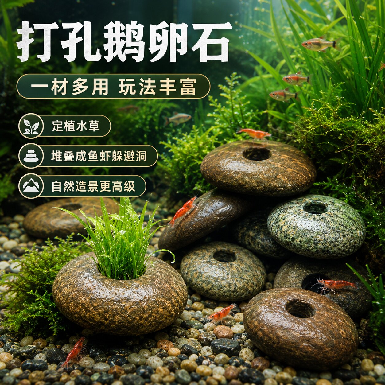 打孔鹅卵石免洗水草固定器鱼缸天然造景石头种植打孔开孔躲避底座