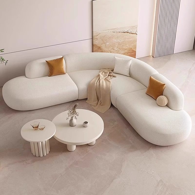 奶油风猫爪皮大户型北欧网红ins风弧形美容院酒店休息区转角沙发
