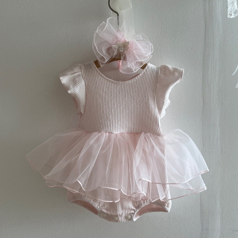 女婴网纱爬服夏季25新品婴幼儿洋气甜美蕾丝蝴蝶结韩系包屁连衣裙