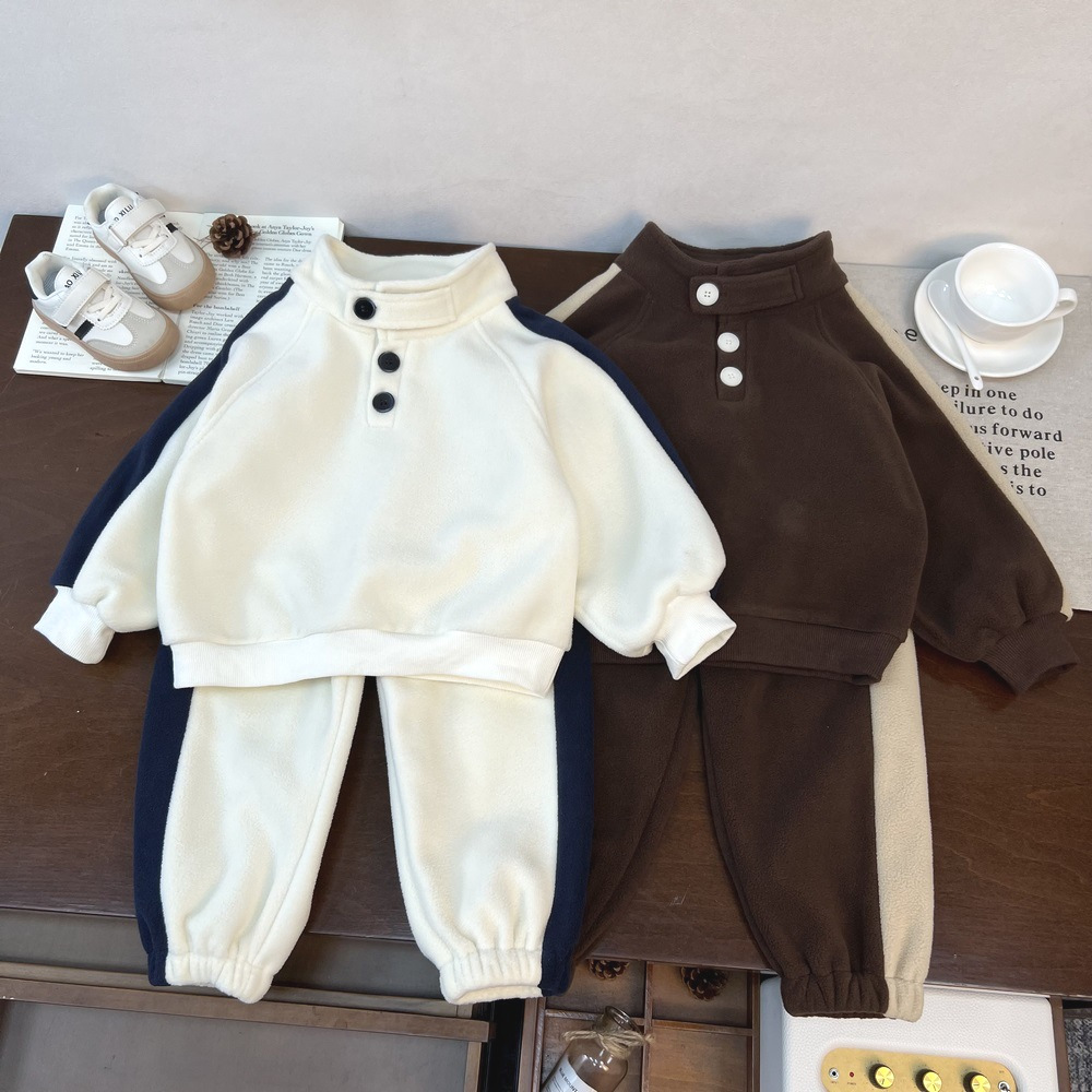 儿童摇粒绒卫衣套装2025冬季新品男女童拼接侧边条休闲韩版两件套