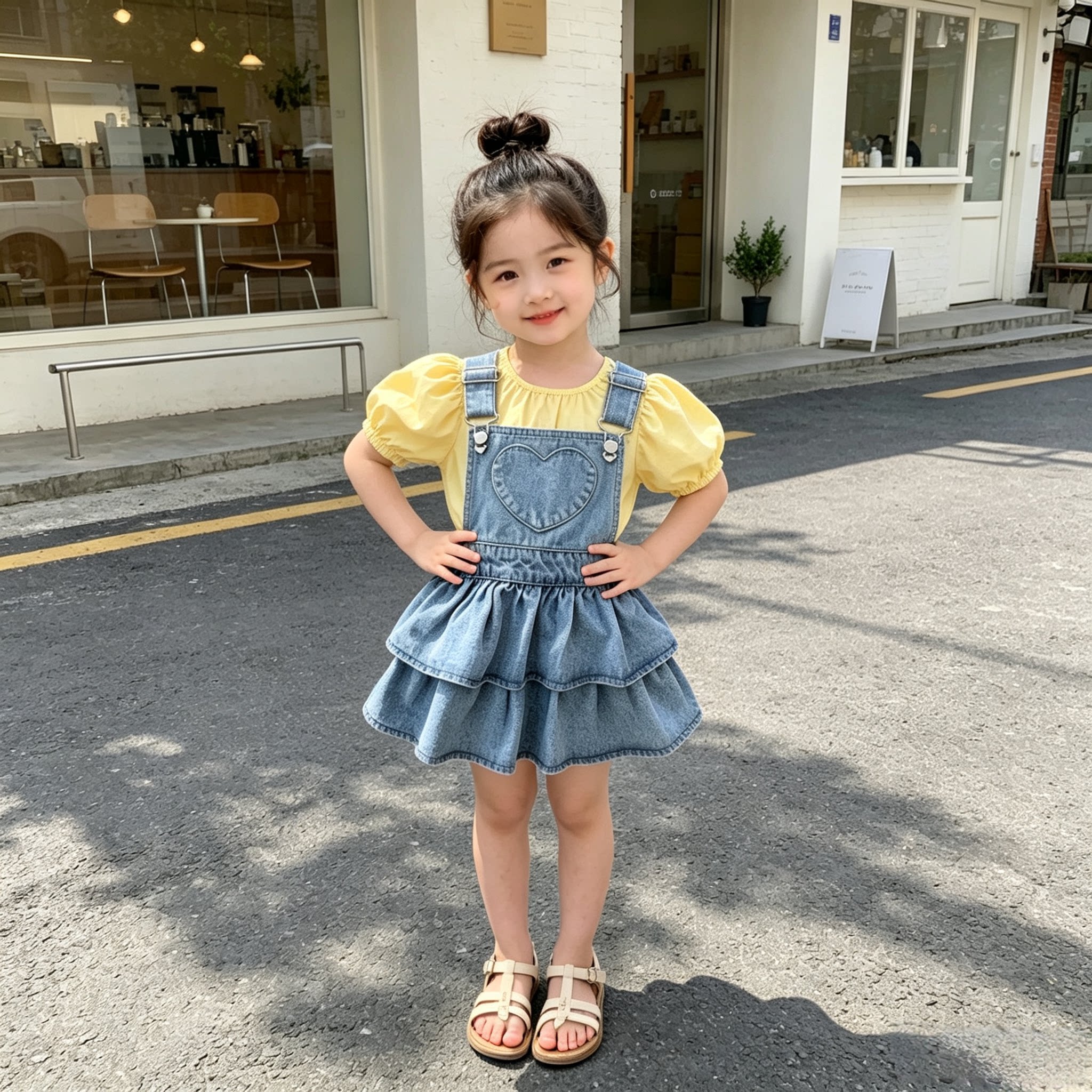 女童双层荷叶边爱心牛仔背带裙26夏韩系女宝宝时尚可爱蛋糕背带裙