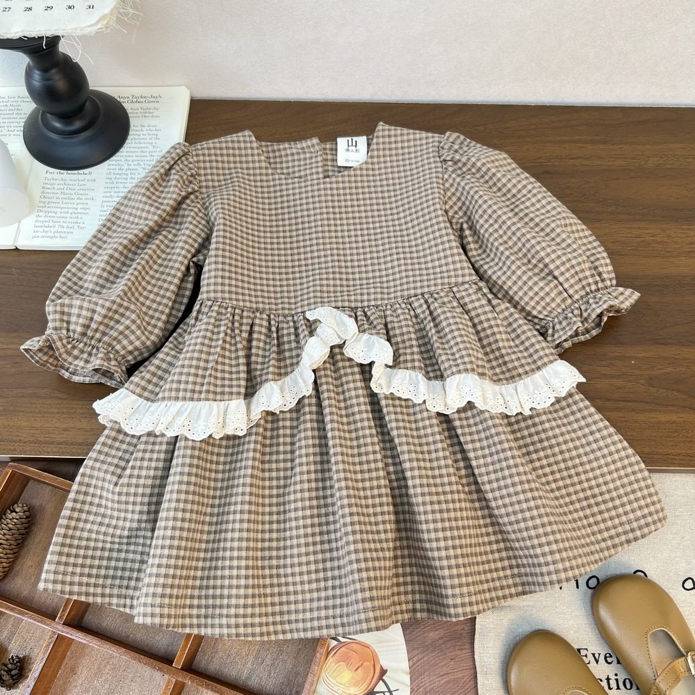 女童简约格子花边连衣裙春秋新品女宝宝甜美法式泡泡袖韩版公主裙