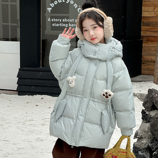 女童羽绒服冬季新款中长款加厚白鸭绒连帽女孩子洋气保暖可爱外套