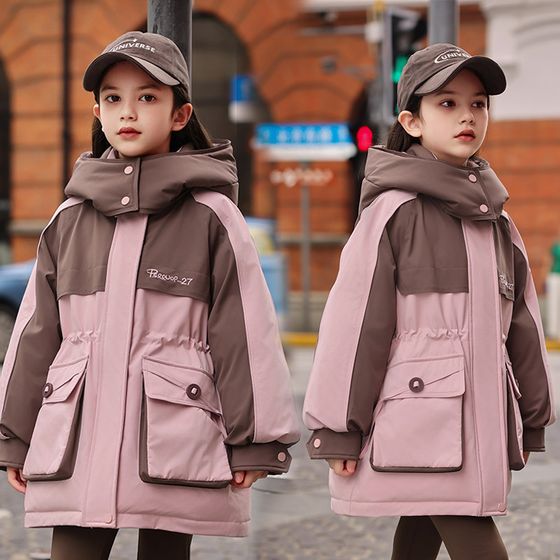 女童中长款拼色加厚时尚羽绒服