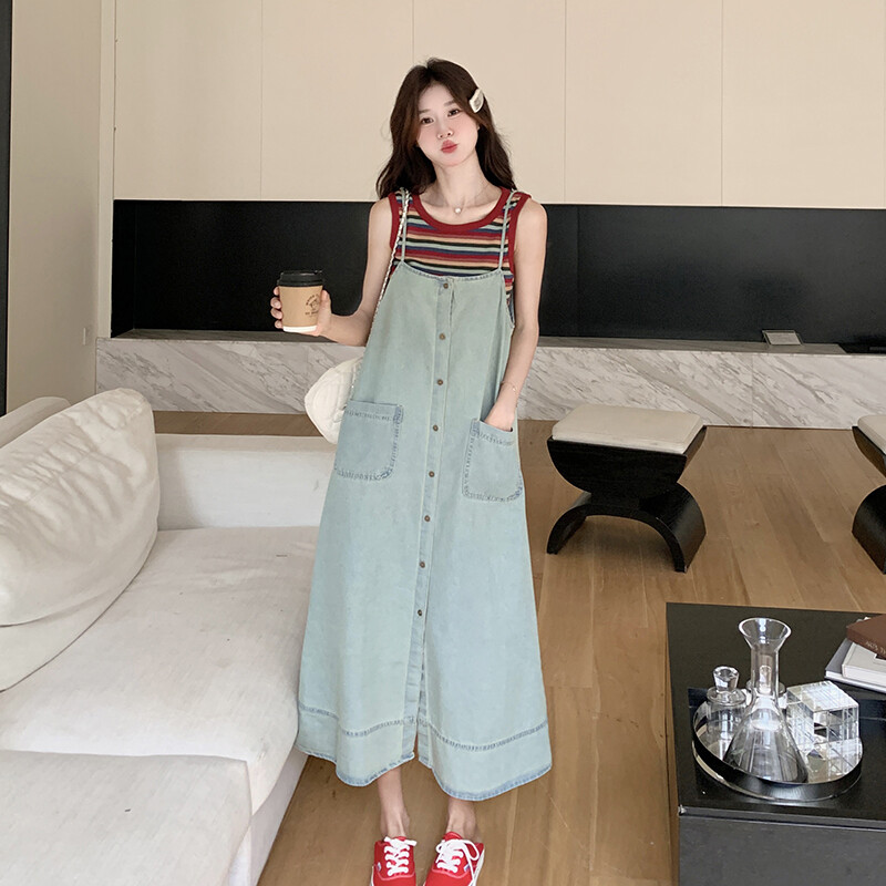 彩色条纹背心T恤牛仔背带裙女夏季宽松休闲无袖连衣裙两件套