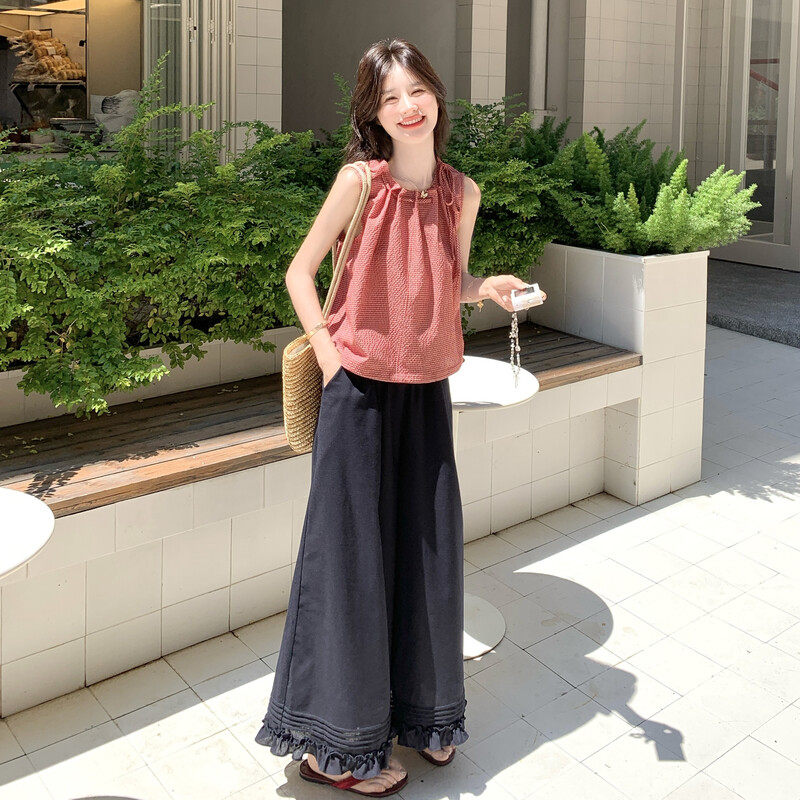爆款少女风穿搭一整套女2025夏新款韩版挂脖无袖上衣阔腿裤两件套