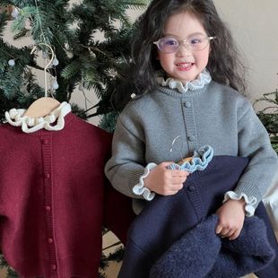 儿童一体绒加绒加厚针织女童毛衣秋冬款木耳花边韩气花边简约上衣