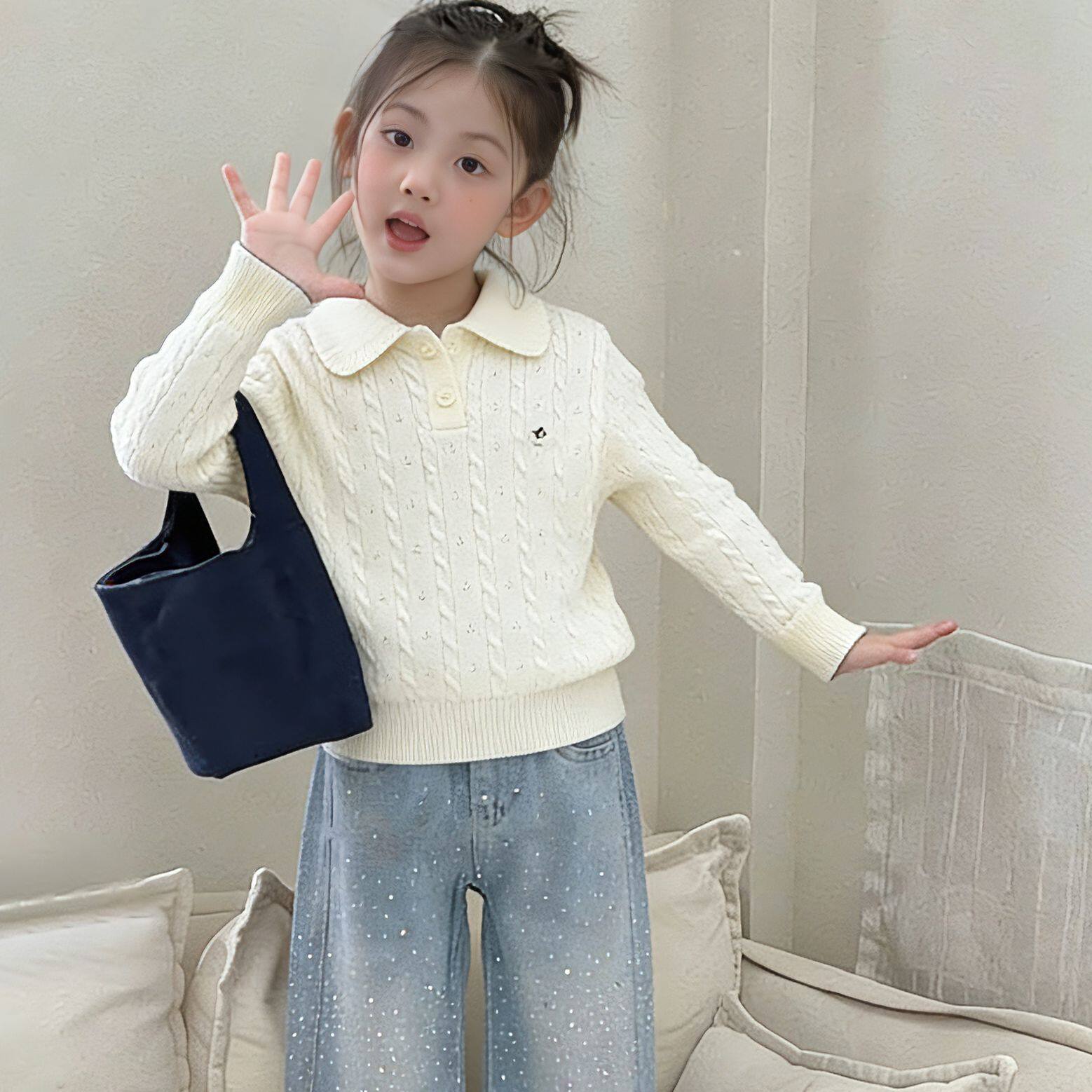 2026春秋新款女童娃娃领针织衫儿童polo衫中大童毛衣学院风上衣