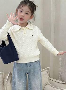 2026春秋新款女童娃娃领针织衫儿童polo衫中大童毛衣学院风上衣