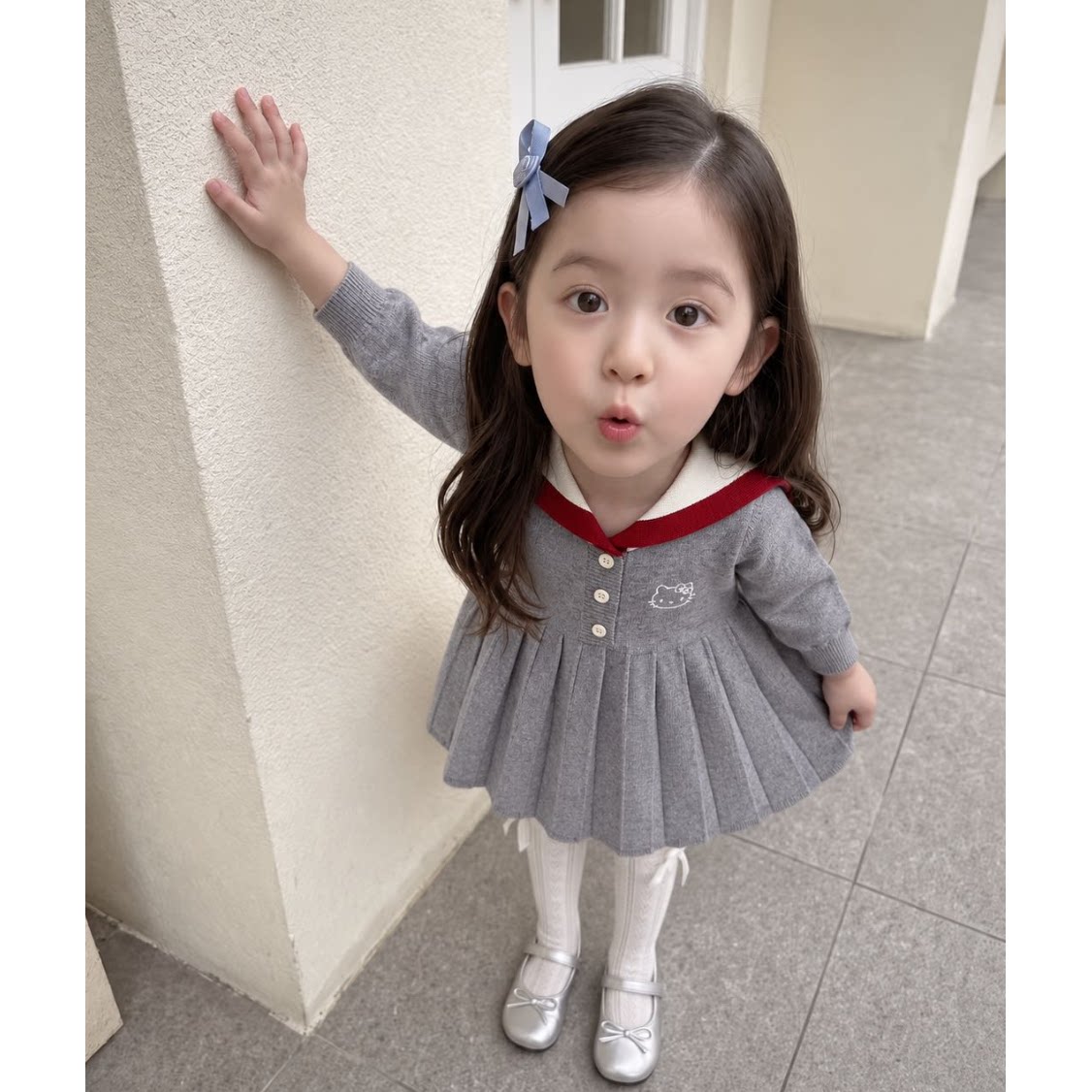 秋季儿童学院风针织毛衣裙女小童撞色海军领百褶连衣裙可爱刺绣