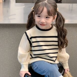 女童针织衫春秋新款儿童条纹泡泡袖套头上衣女宝宝宝长袖薄款毛衣