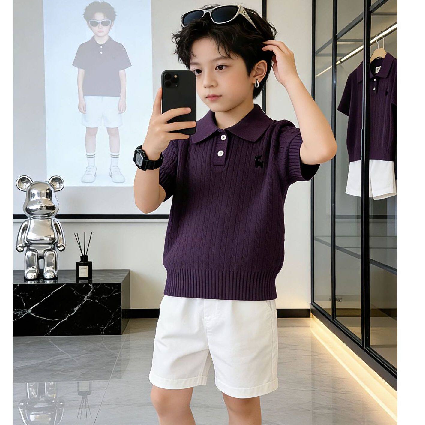 韩国童装儿童套装polo针织短袖刺绣上衣2026新款男童学院风裤子