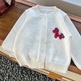春季新款儿童针织毛衣红色小马开衫喜庆百搭外套男女童百搭