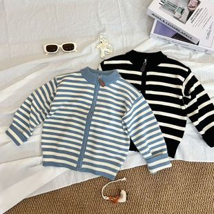 秋冬季儿童针织开衫中大童韩版拉链条纹针织开衫上衣外套男女童