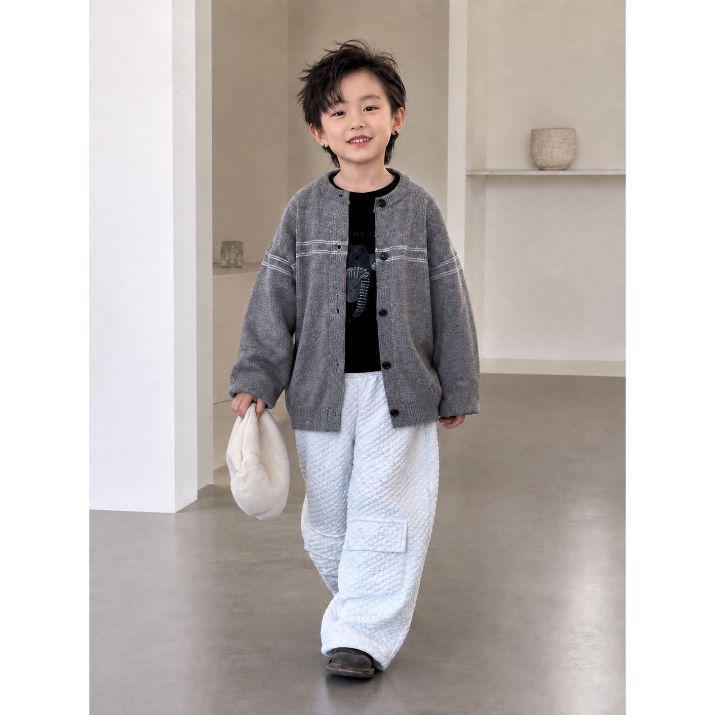 韩版儿童灰色针织开衫男女宝秋装外套条纹宽松休闲毛衣外搭